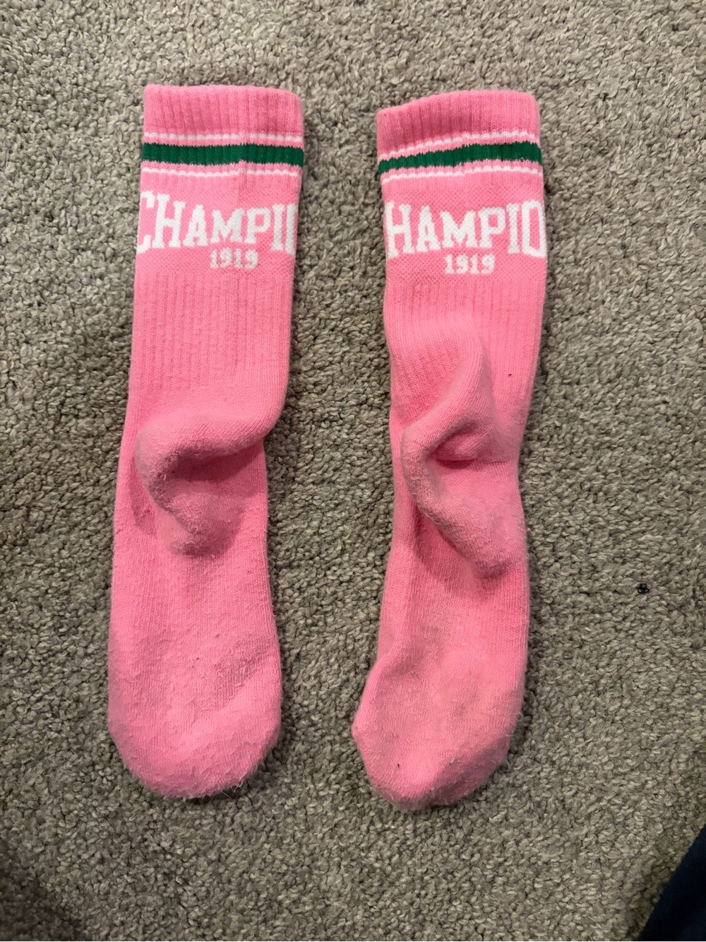Champion Pink Crew Socks with Green & White Stripes